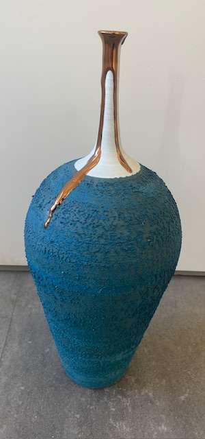 Long Neck Textured Teal Vase with Copper Lustre - Alex McCarthy