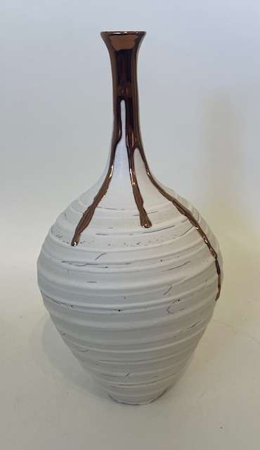 Crackle textured Long Neck vase with copper lustre - Alex McCarthy